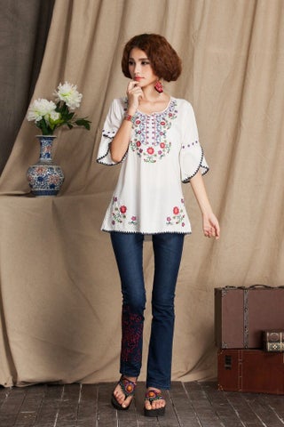 Ashir Aley Bell Sleeve Womens Boho Tops 3/4 Sleeve Embroidered Cotton Peasant Tops Mexican Bohemian Shirts Blouses (M,White) - view 5